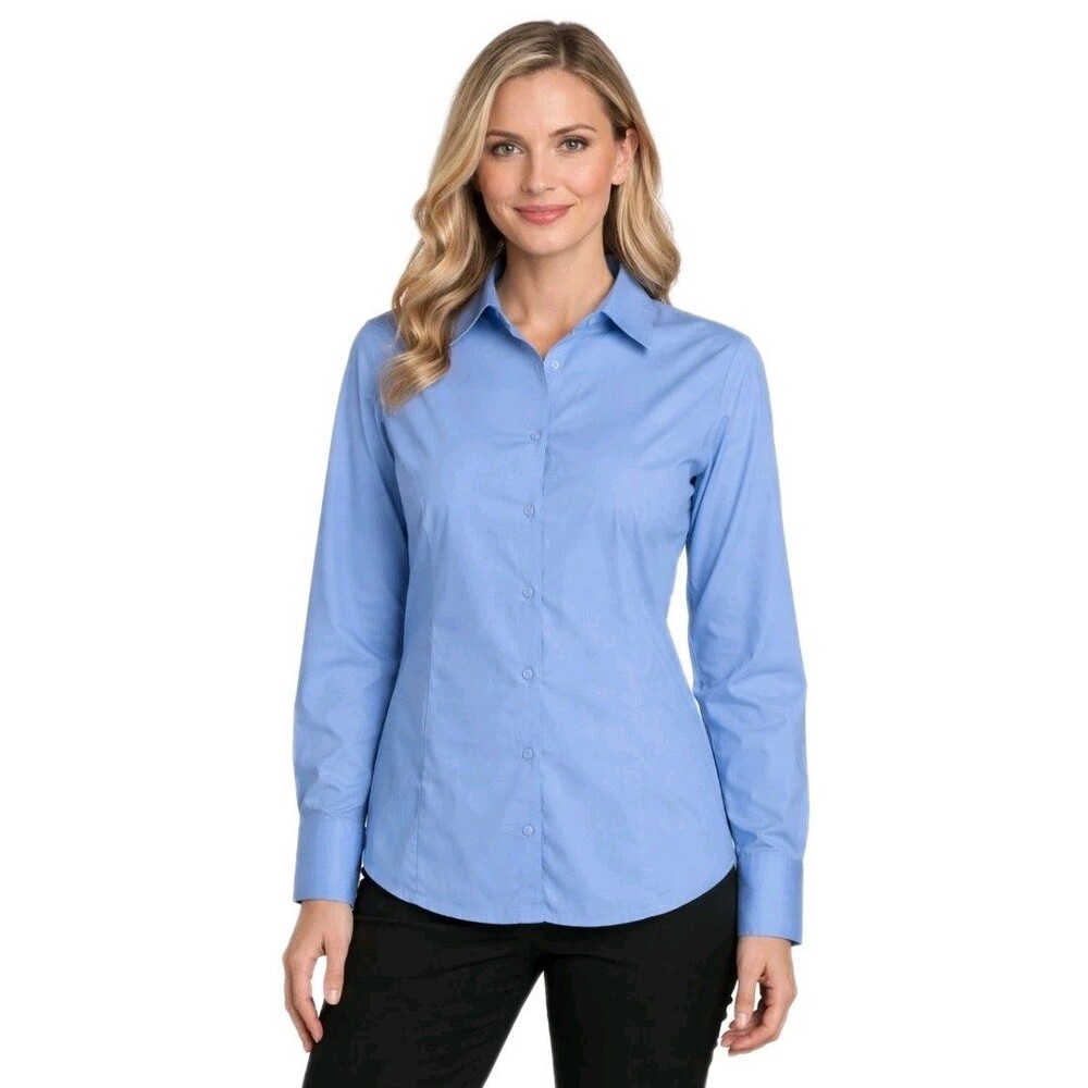 NWT NORTH END Womens L Career Casual Button Up Long Sleeve Crisp Solid Blue Top